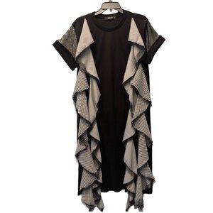 Avant-Garde Witchy Goth Stylish Black and Gray Midi Dress‎ with Ruffle Details